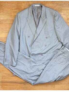 Vintage Mens Suit Set Size 50 Blazer 44 Waist 1990s Gray Double Breasted